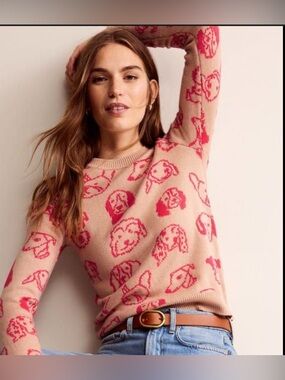 Boden Heather Jacquard Sweater Chinchilla, Raspberry Dogs 🐶